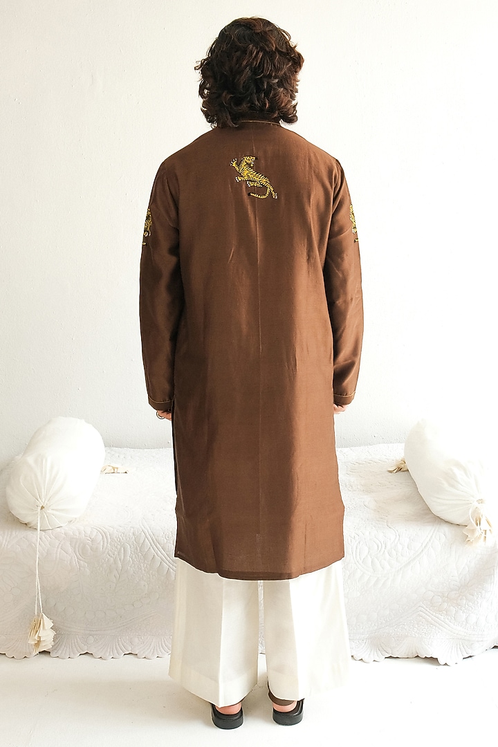 Chocolate-Colored Chanderi Handloom Resham Embroidered Kurta Set by Wabi Sabi Men at Pernia's Pop Up Shop