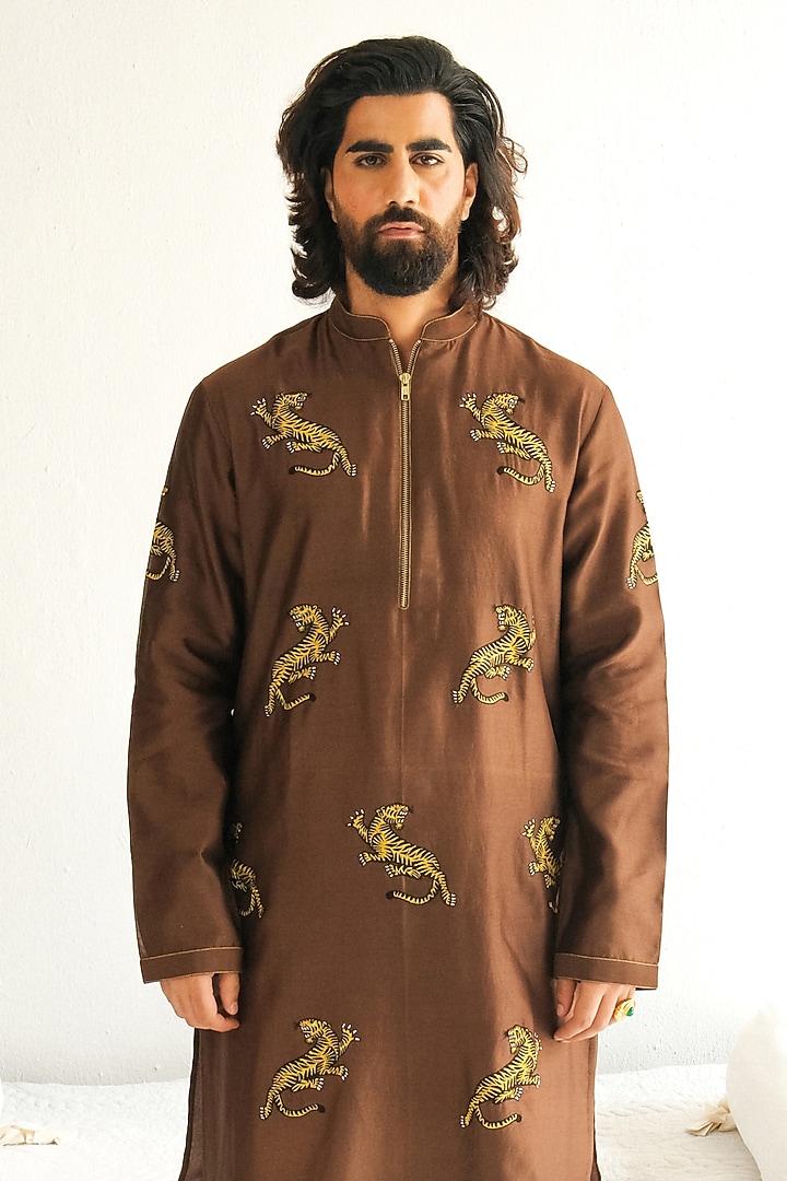Chocolate-Colored Chanderi Handloom Resham Embroidered Kurta Set by Wabi Sabi Men at Pernia's Pop Up Shop