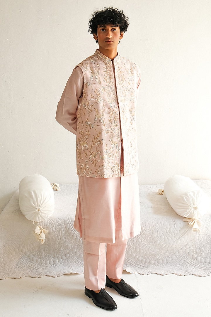 Pale Pink Chanderi Handloom Resham Embroidered Bundi Jacket Set by WABI SABI at Pernia's Pop Up Shop