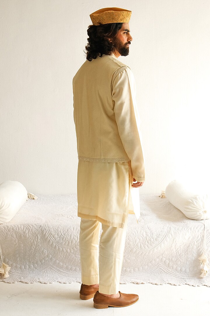Beige Chanderi Handloom Marodi Embroidered Bundi Jacket Set by Wabi Sabi Men at Pernia's Pop Up Shop