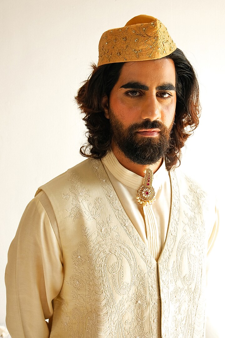 Beige Chanderi Handloom Marodi Embroidered Bundi Jacket Set by Wabi Sabi Men at Pernia's Pop Up Shop