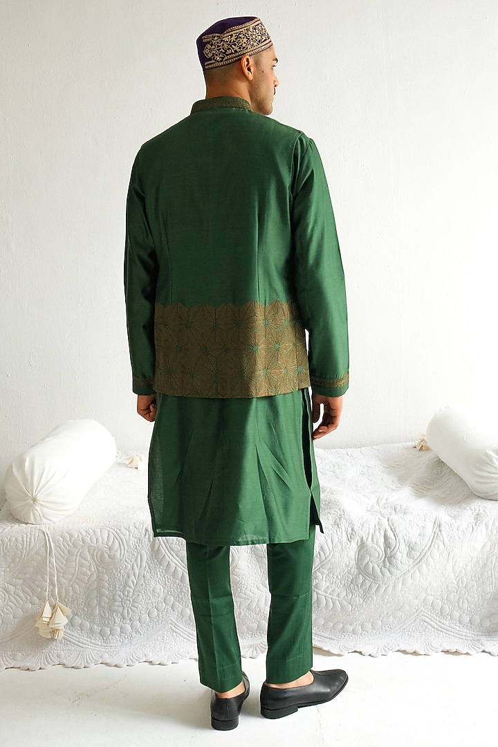 Dark Olive Chanderi Handloom Aari Embroidered Bundi Jacket Set by Wabi Sabi Men at Pernia's Pop Up Shop