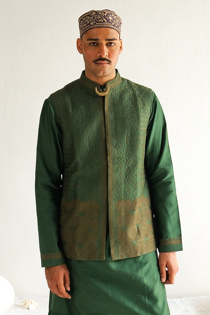 Dark Olive Chanderi Handloom Aari Embroidered Bundi Jacket Set by Wabi Sabi Men at Pernia's Pop Up Shop