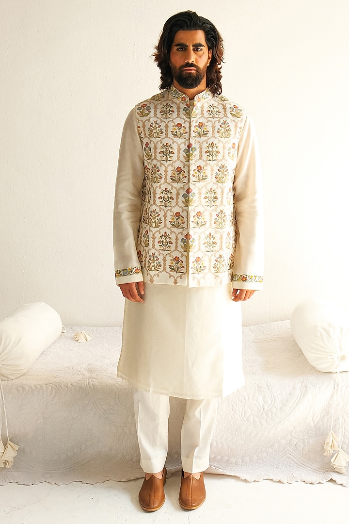 Ivory Cotton Silk Resham Embroidered Bundi Jacket Set by WABI SABI