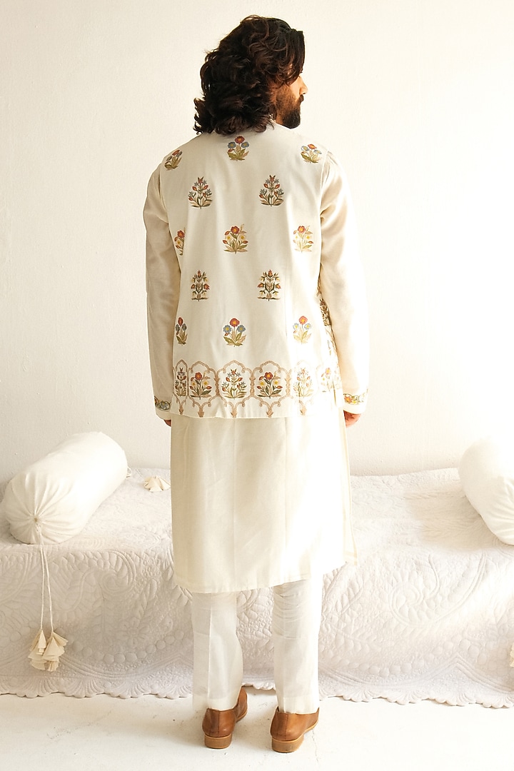 Ivory Cotton Silk Resham Embroidered Bundi Jacket Set by Wabi Sabi Men at Pernia's Pop Up Shop