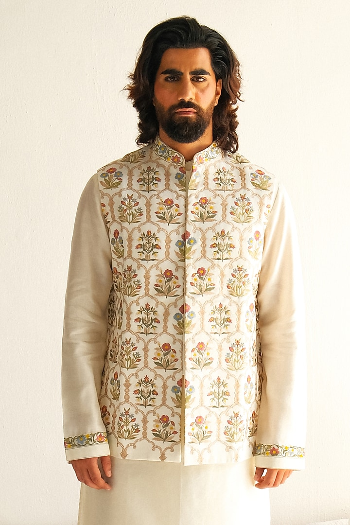 Ivory Cotton Silk Resham Embroidered Bundi Jacket Set by Wabi Sabi Men at Pernia's Pop Up Shop