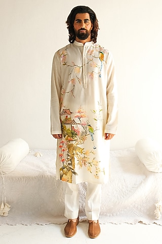 Ivory Chanderi Handloom Handpainted Kurta Set by Wabi Sabi Men