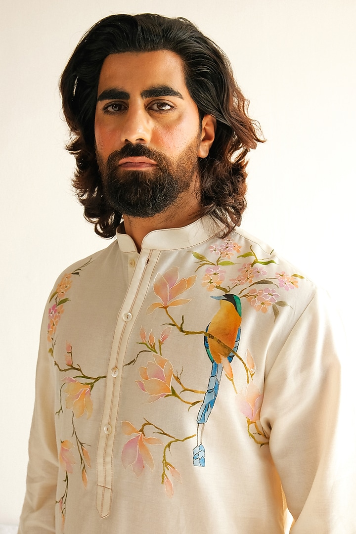 Ivory Chanderi Handloom Handpainted Kurta Set by Wabi Sabi Men at Pernia's Pop Up Shop