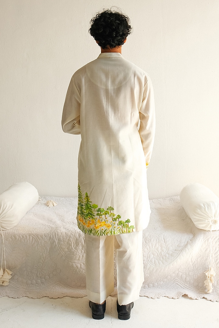 Ivory Chanderi Handloom Handpainted Kurta Set by Wabi Sabi Men at Pernia's Pop Up Shop