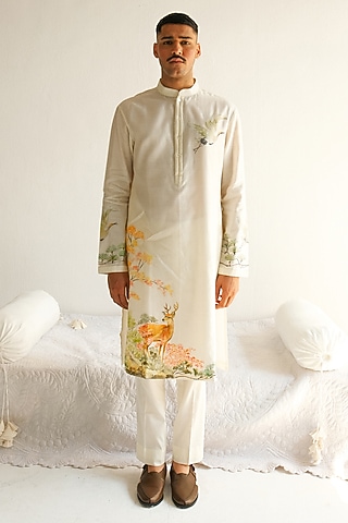 Ivory Chanderi Handloom Handpainted Kurta Set by Wabi Sabi Men