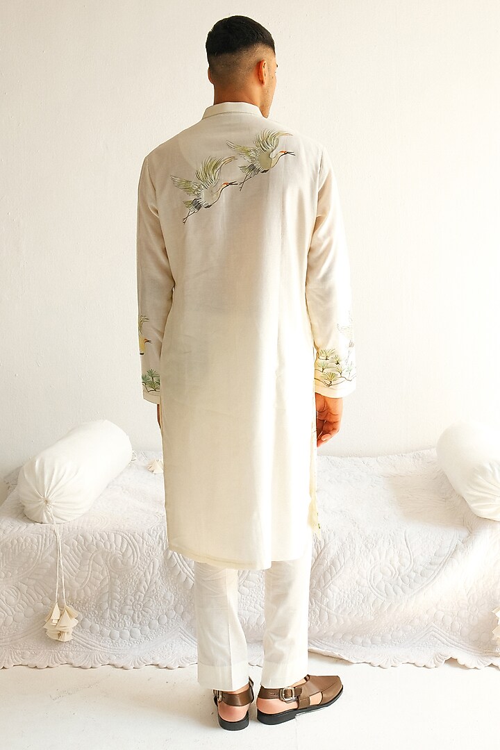 Ivory Chanderi Handloom Handpainted Kurta Set by Wabi Sabi Men at Pernia's Pop Up Shop