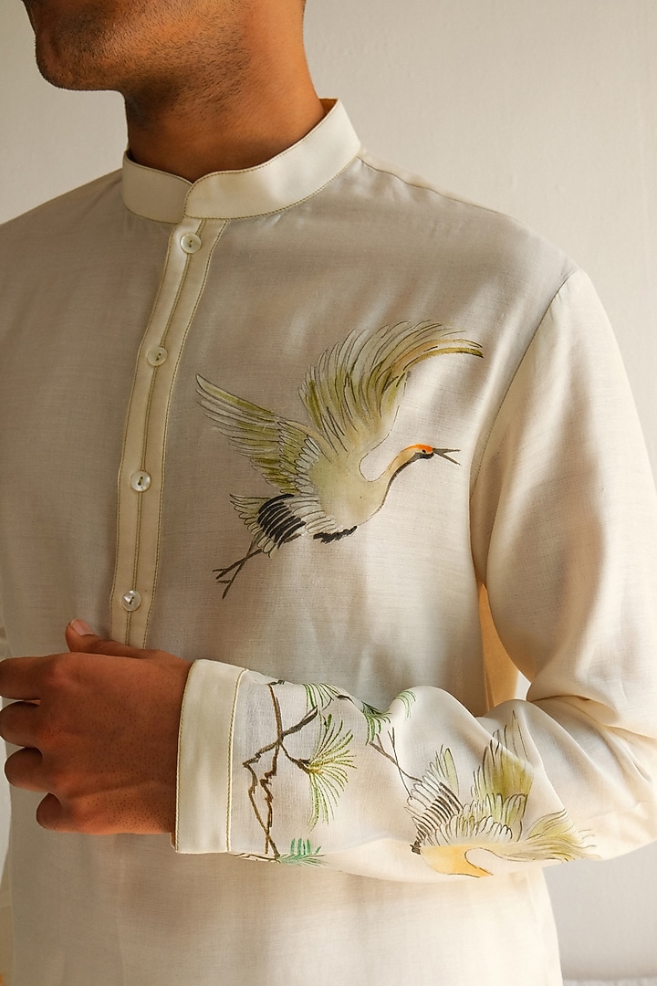 Ivory Chanderi Handloom Handpainted Kurta Set by Wabi Sabi Men at Pernia's Pop Up Shop