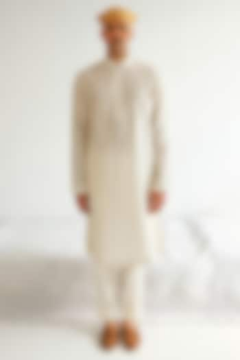 Ivory Chanderi Handloom Marodi Embroidered Kurta Set by WABI SABI at Pernia's Pop Up Shop