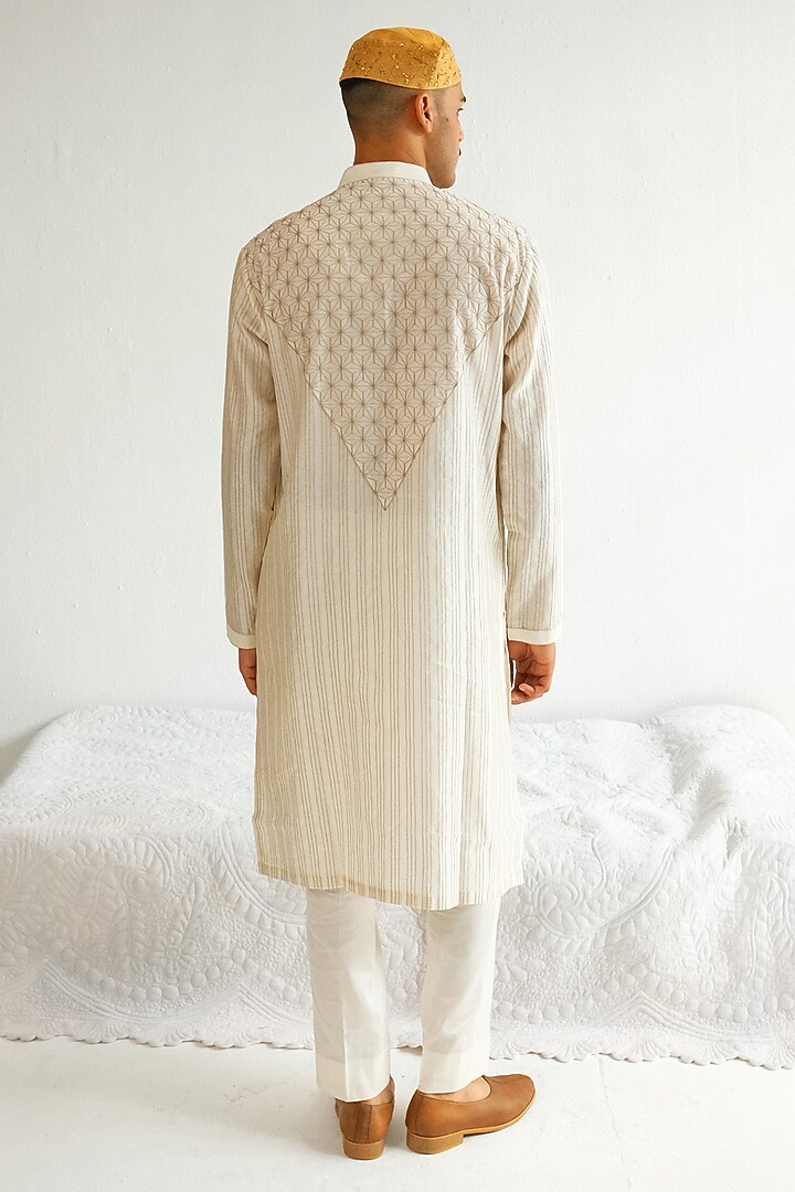 Ivory Chanderi Handloom Marodi Embroidered Kurta Set by Wabi Sabi Men at Pernia's Pop Up Shop