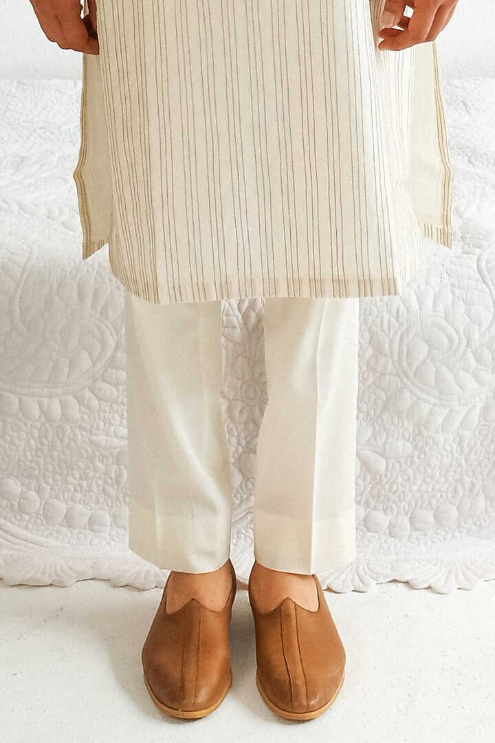 Ivory Chanderi Handloom Marodi Embroidered Kurta Set by Wabi Sabi Men at Pernia's Pop Up Shop