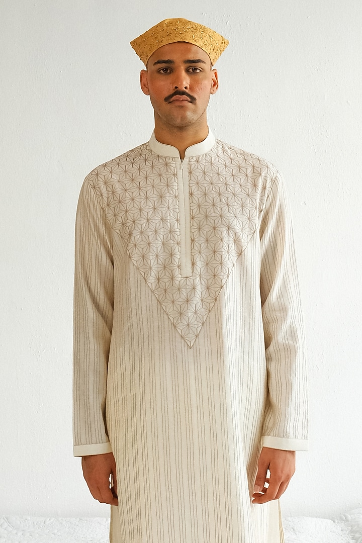 Ivory Chanderi Handloom Marodi Embroidered Kurta Set by Wabi Sabi Men at Pernia's Pop Up Shop