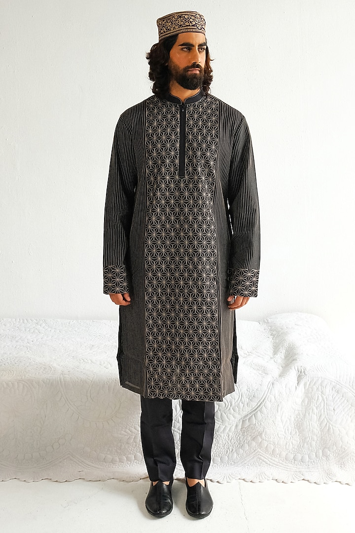 Charcoal Black Chanderi Handloom Marodi Embroidered Kurta Set by WABI SABI