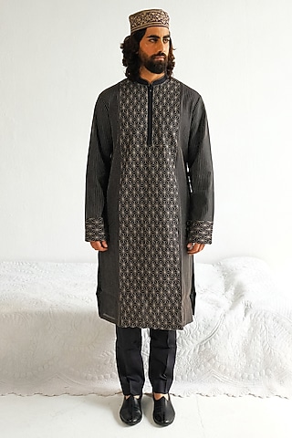 Charcoal Black Chanderi Handloom Marodi Embroidered Kurta Set by Wabi Sabi Men