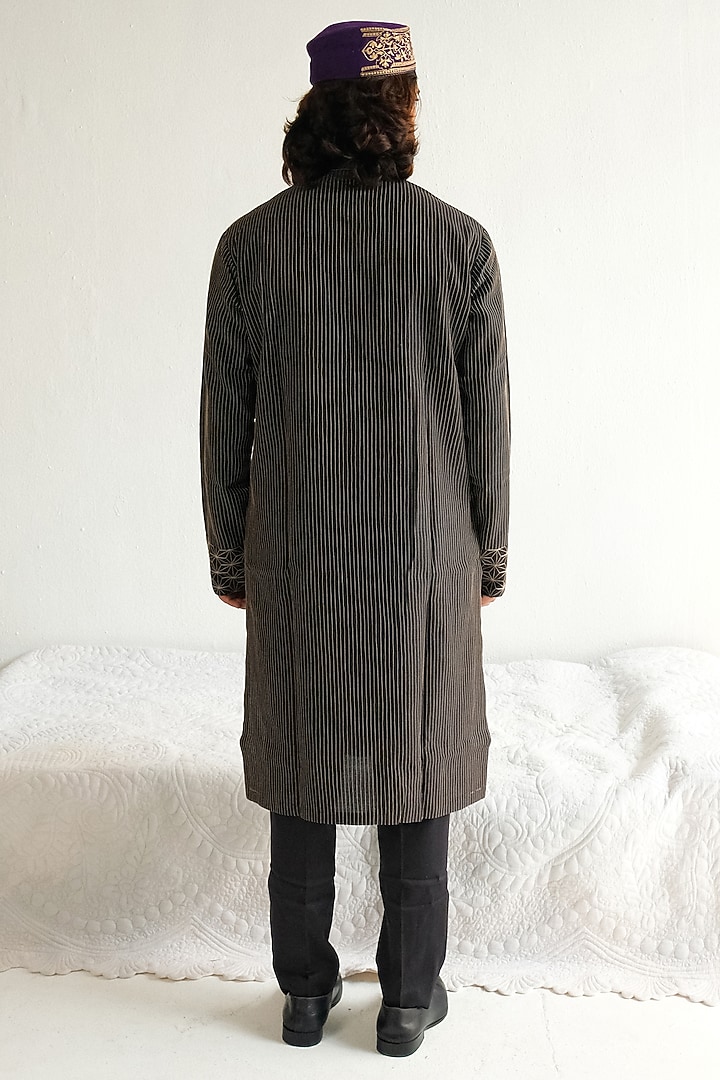 Charcoal Black Chanderi Handloom Marodi Embroidered Kurta Set by Wabi Sabi Men at Pernia's Pop Up Shop