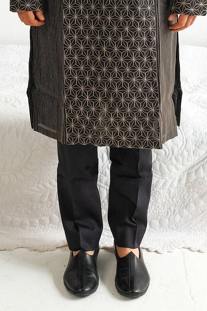 Charcoal Black Chanderi Handloom Marodi Embroidered Kurta Set by Wabi Sabi Men at Pernia's Pop Up Shop