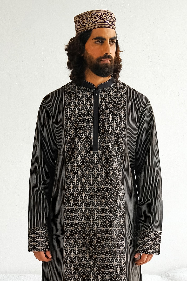 Charcoal Black Chanderi Handloom Marodi Embroidered Kurta Set by Wabi Sabi Men at Pernia's Pop Up Shop