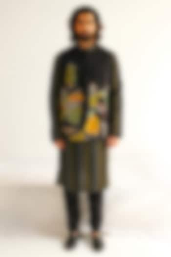 Black Cotton Silk Resham Embroidered Bundi Jacket Set by WABI SABI at Pernia's Pop Up Shop