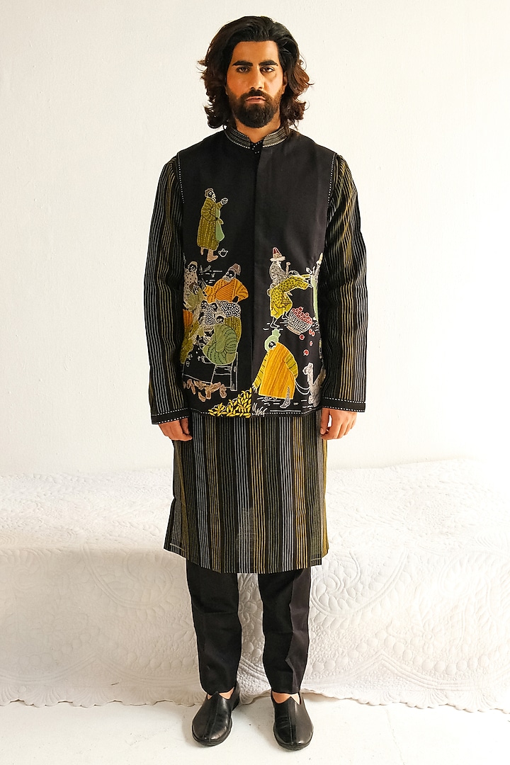 Black Cotton Silk Resham Embroidered Bundi Jacket Set by WABI SABI at Pernia's Pop Up Shop