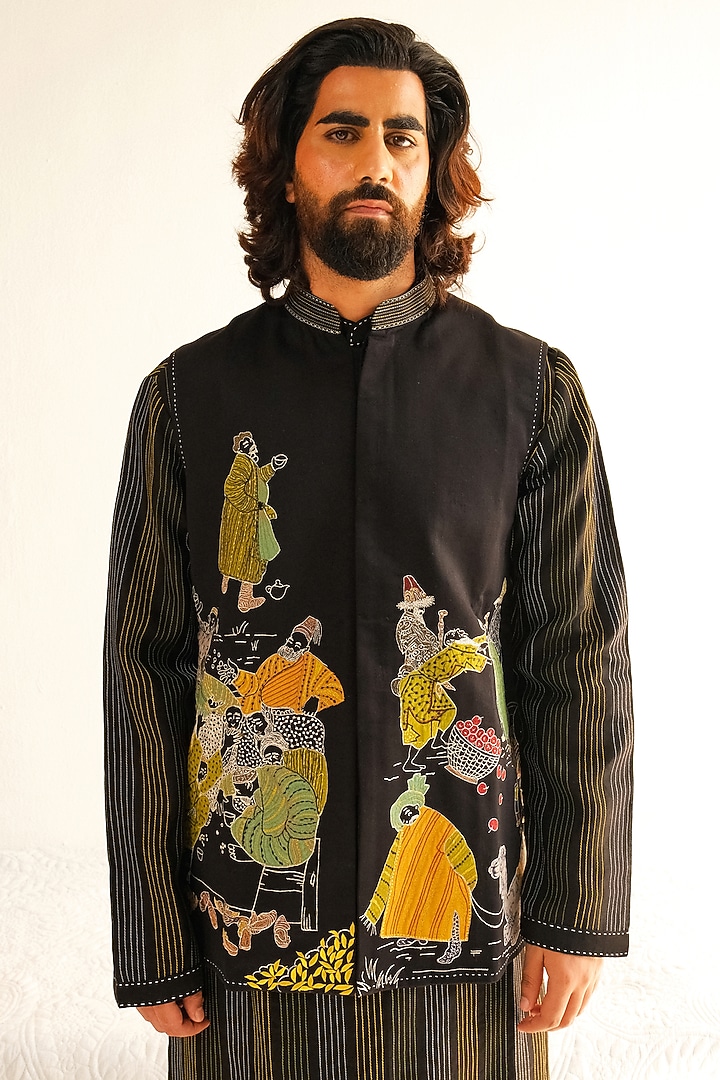 Black Cotton Silk Resham Embroidered Bundi Jacket Set by Wabi Sabi Men at Pernia's Pop Up Shop