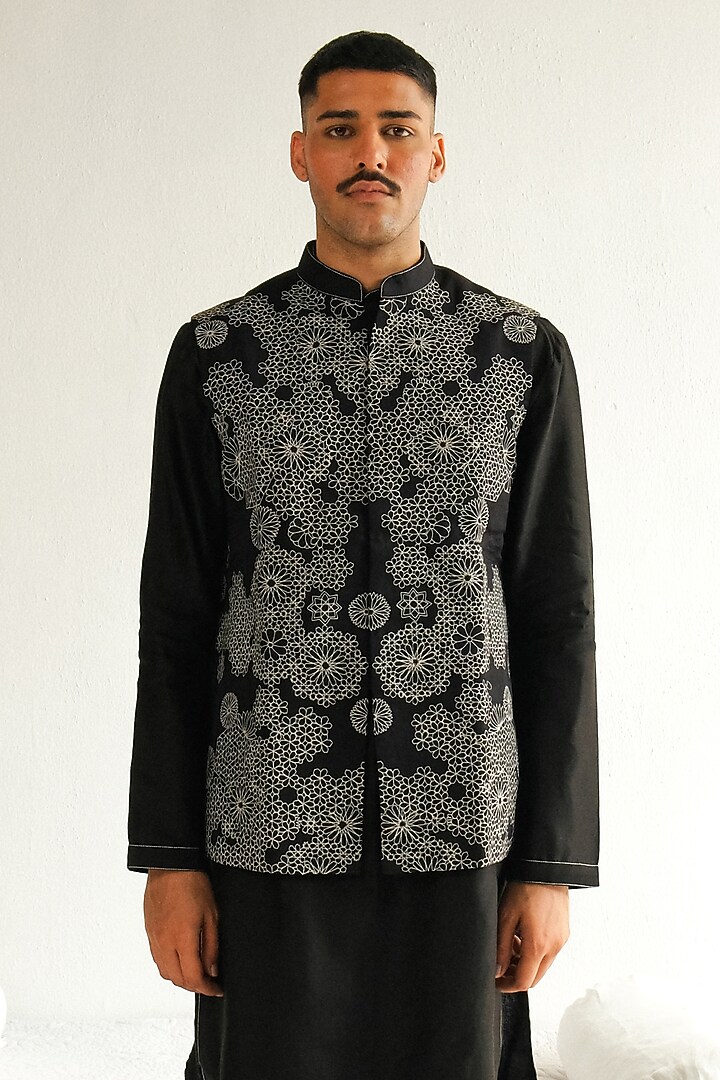 Black Cotton Silk Resham Embroidered Bundi Jacket Set by Wabi Sabi Men at Pernia's Pop Up Shop