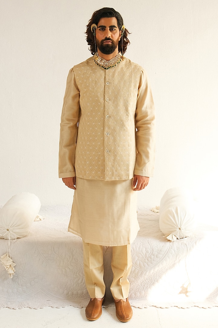 Beige Cotton Silk Resham Embroidered Bundi Jacket Set by WABI SABI at Pernia's Pop Up Shop