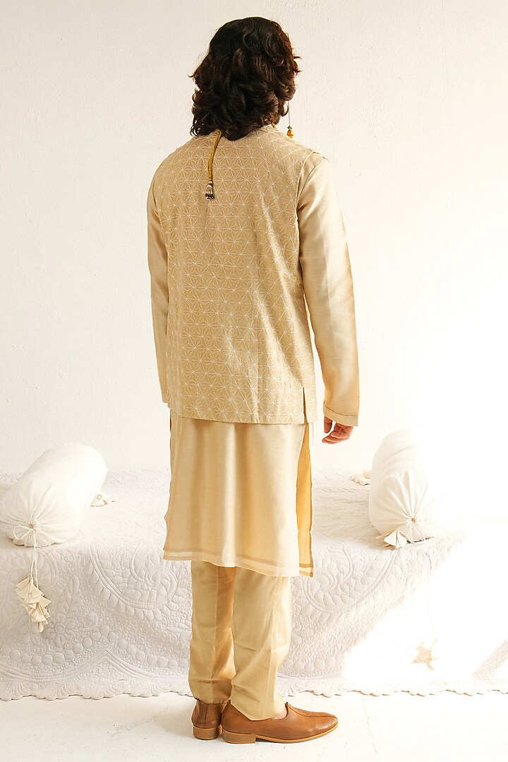 Beige Cotton Silk Resham Embroidered Bundi Jacket Set by Wabi Sabi Men at Pernia's Pop Up Shop