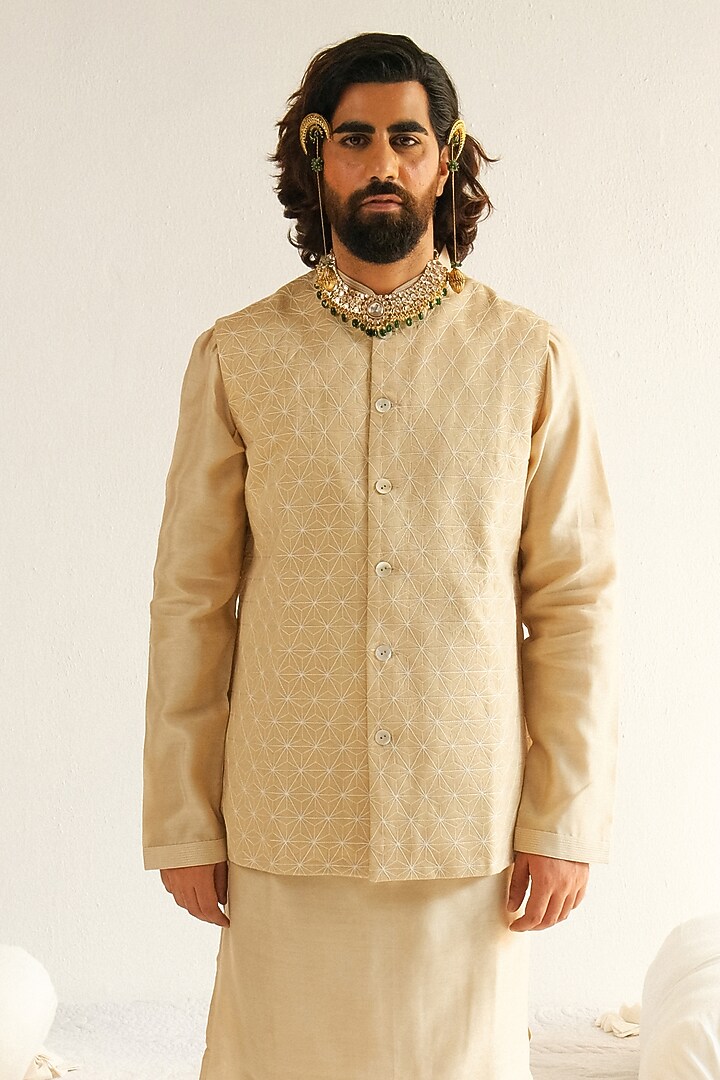 Beige Cotton Silk Resham Embroidered Bundi Jacket Set by Wabi Sabi Men at Pernia's Pop Up Shop