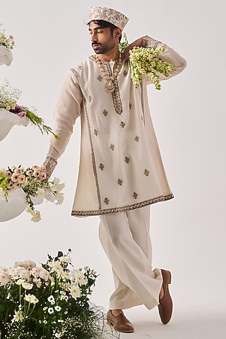 Ivory Chanderi Resham Embroidered Handloom Kurta Set by Wabi Sabi Men