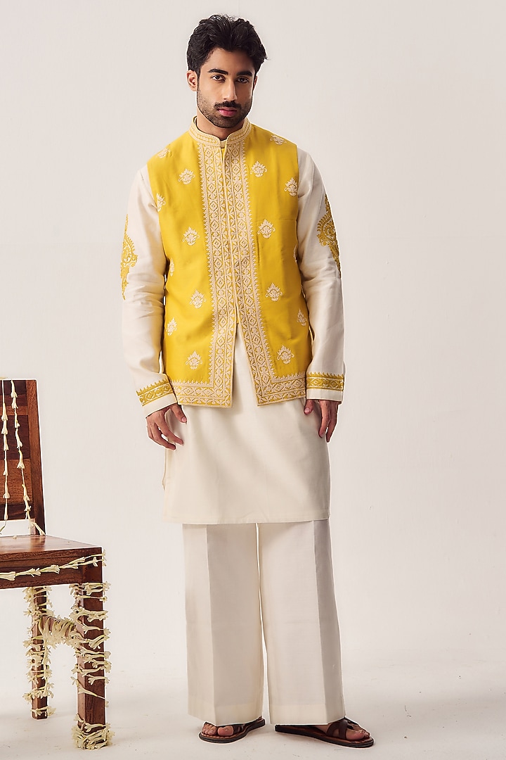 Mustard Yellow Chanderi Dori Embroidered Bundi Jacket Set by Wabi Sabi Men at Pernia's Pop Up Shop