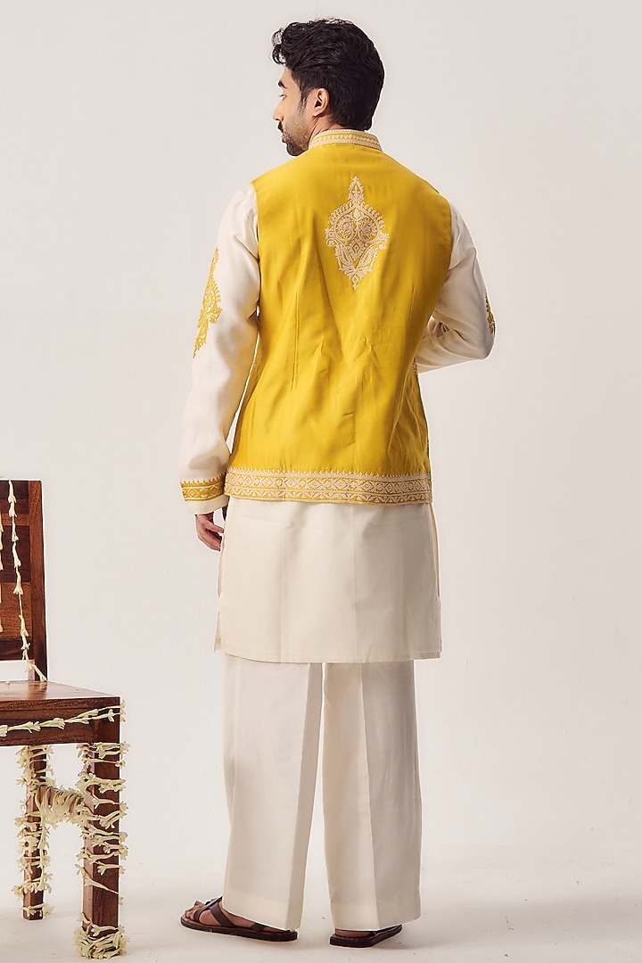 Mustard Yellow Chanderi Dori Embroidered Bundi Jacket Set by Wabi Sabi Men at Pernia's Pop Up Shop