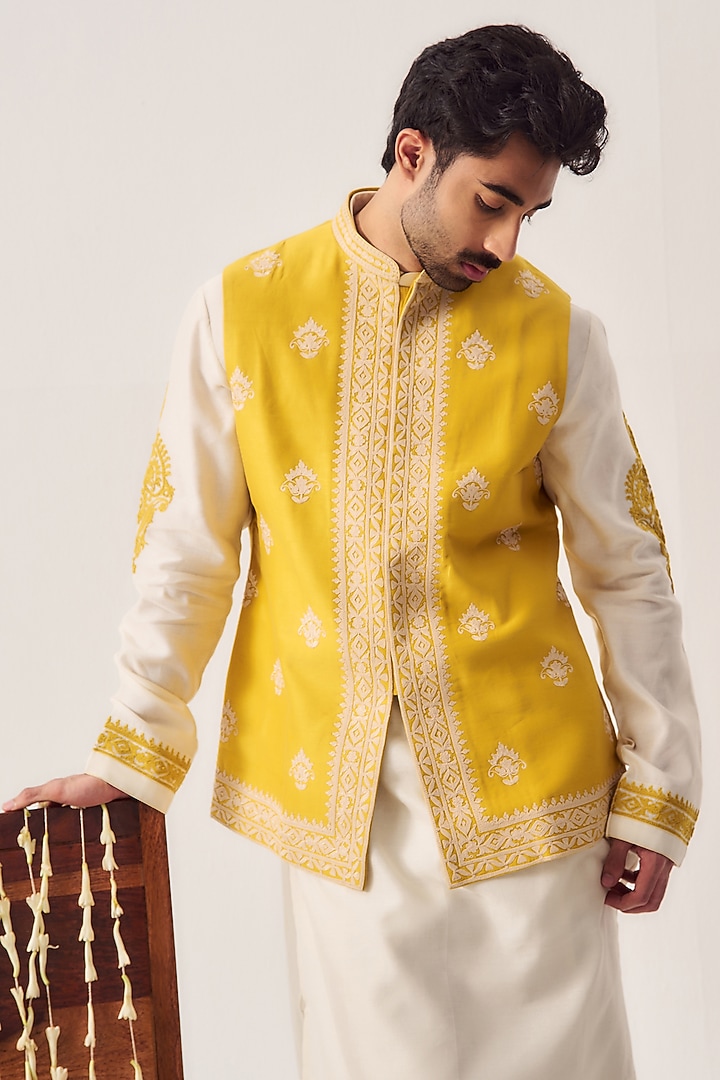 Mustard Yellow Chanderi Dori Embroidered Bundi Jacket Set by Wabi Sabi Men at Pernia's Pop Up Shop