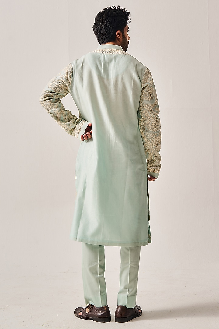 Light Aqua Chanderi Dori Embroidered Handloom Kurta Set by Wabi Sabi Men at Pernia's Pop Up Shop