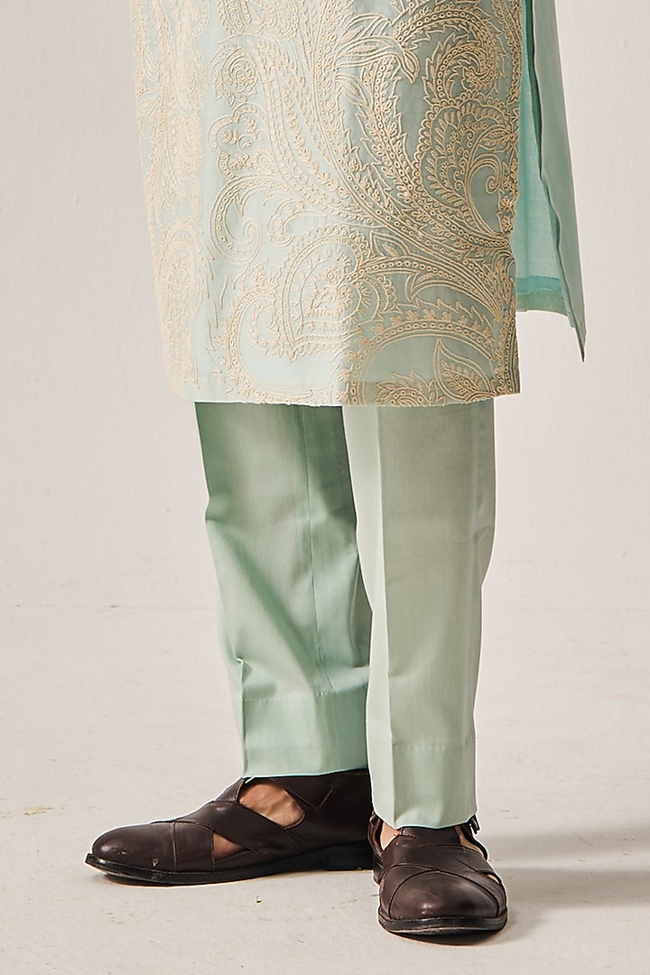 Light Aqua Chanderi Dori Embroidered Handloom Kurta Set by Wabi Sabi Men at Pernia's Pop Up Shop