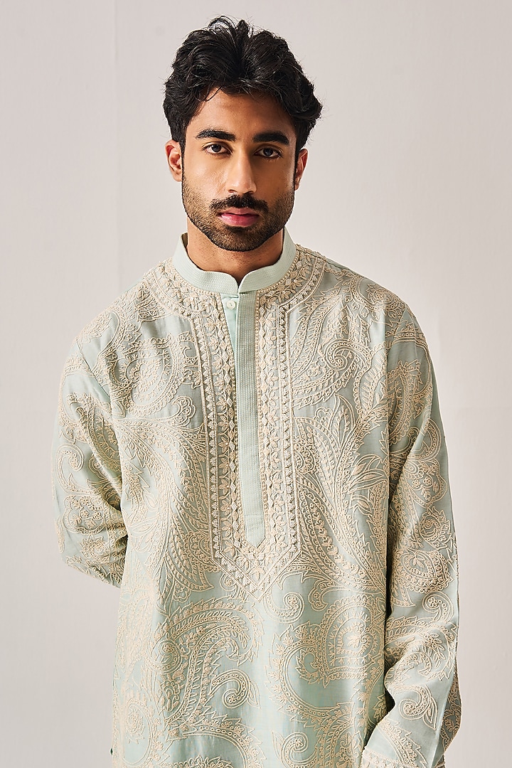 Light Aqua Chanderi Dori Embroidered Handloom Kurta Set by Wabi Sabi Men at Pernia's Pop Up Shop