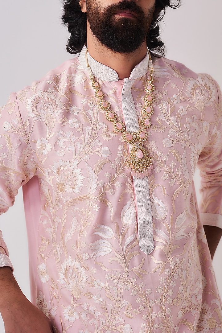 Pale Pink Chanderi Resham Embroidered Handloom Kurta Set by Wabi Sabi Men at Pernia's Pop Up Shop