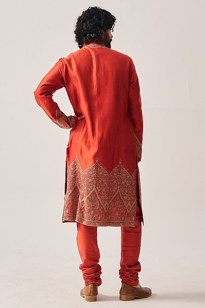 Rust Chanderi Zari Embroidered Handloom Kurta Set by Wabi Sabi Men at Pernia's Pop Up Shop