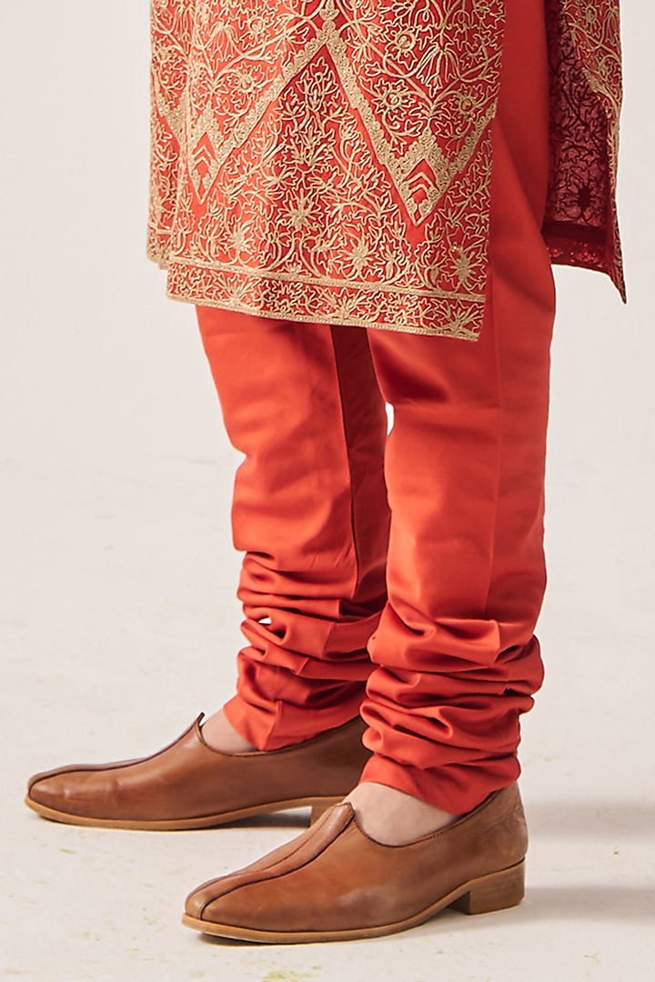 Rust Chanderi Zari Embroidered Handloom Kurta Set by Wabi Sabi Men at Pernia's Pop Up Shop