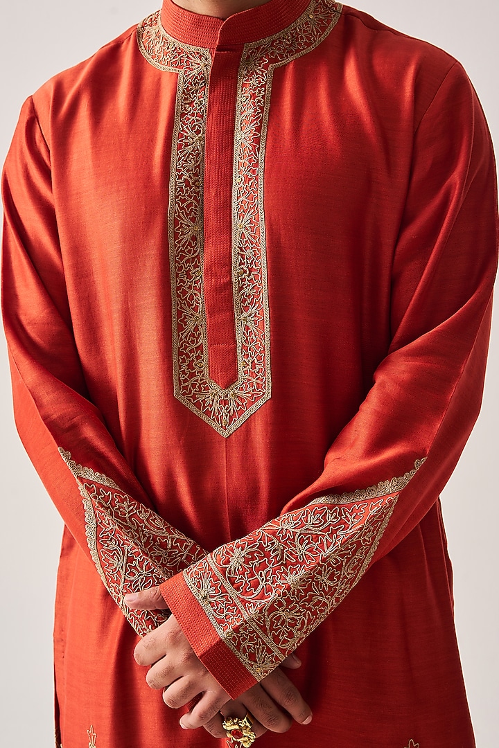 Rust Chanderi Zari Embroidered Handloom Kurta Set by Wabi Sabi Men at Pernia's Pop Up Shop