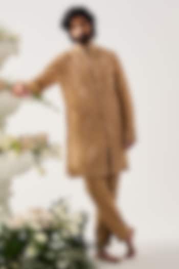 Sand-Colored Organza Silk Aari Embroidered Front-Open Kurta Set by Wabi Sabi Men at Pernia's Pop Up Shop