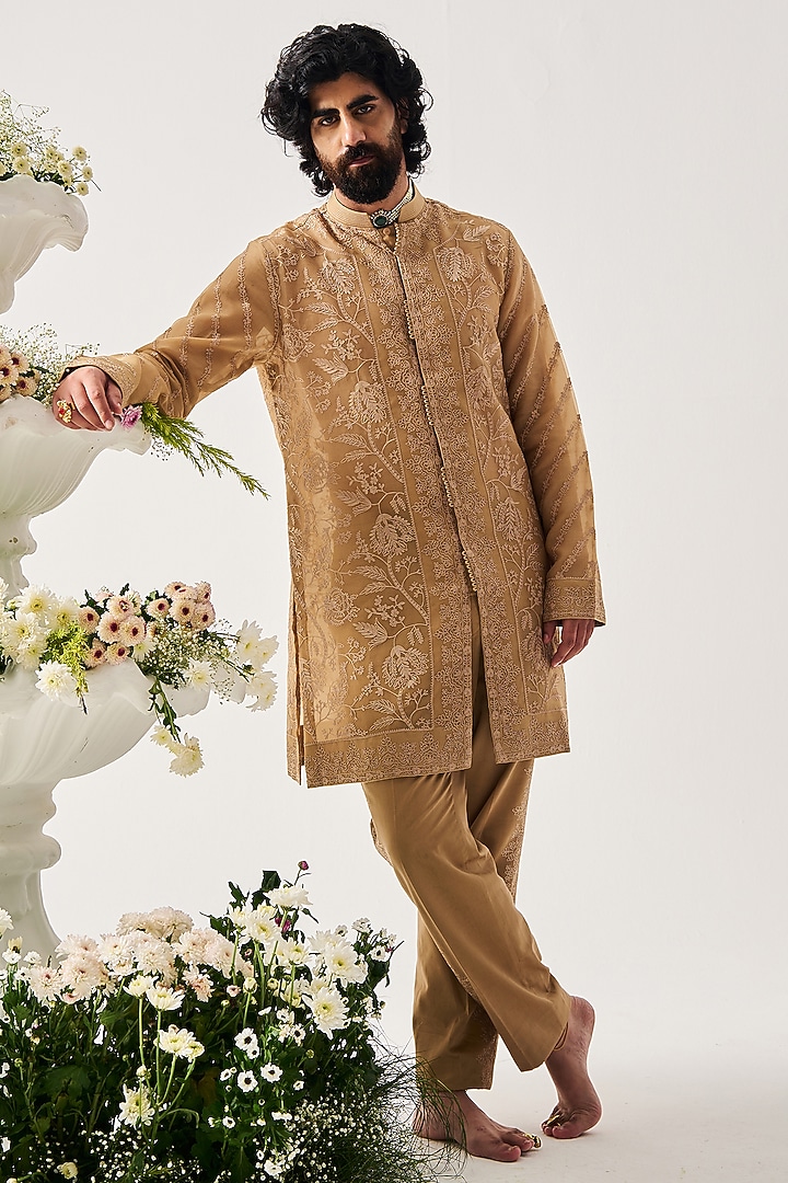 Sand-Colored Organza Silk Aari Embroidered Front-Open Kurta Set by Wabi Sabi Men at Pernia's Pop Up Shop