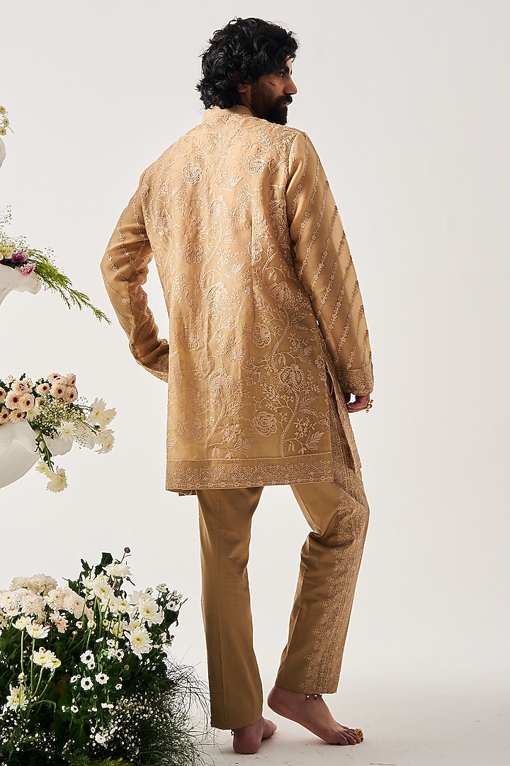 Sand-Colored Organza Silk Aari Embroidered Front-Open Kurta Set by Wabi Sabi Men at Pernia's Pop Up Shop