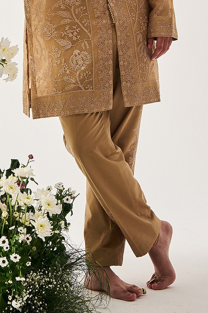 Sand-Colored Organza Silk Aari Embroidered Front-Open Kurta Set by Wabi Sabi Men at Pernia's Pop Up Shop