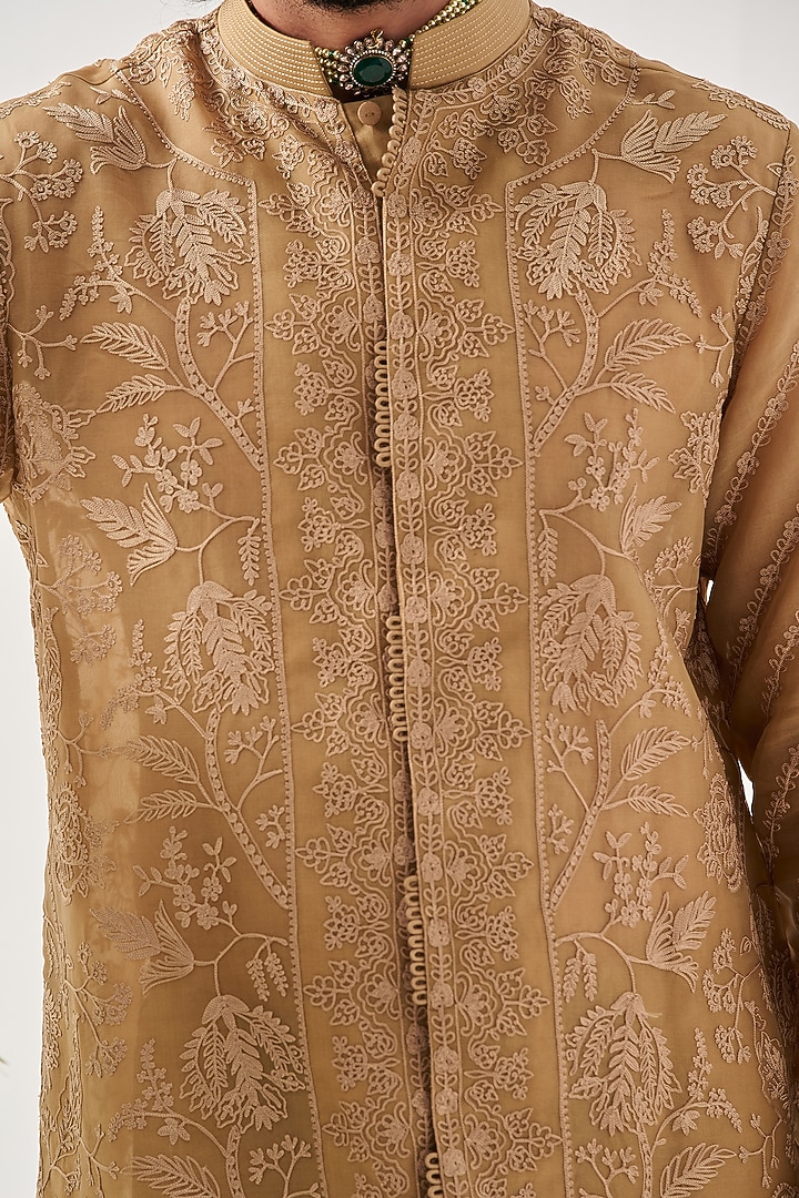 Sand-Colored Organza Silk Aari Embroidered Front-Open Kurta Set by Wabi Sabi Men at Pernia's Pop Up Shop