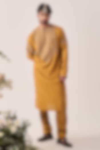 Dark Mustard Chanderi Hand Embroidered Handloom Kurta Set by Wabi Sabi Men at Pernia's Pop Up Shop