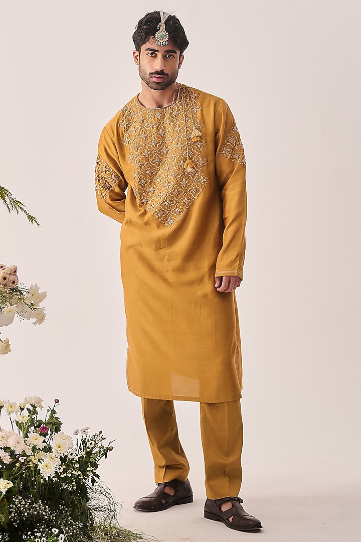Dark Mustard Chanderi Hand Embroidered Handloom Kurta Set by Wabi Sabi Men at Pernia's Pop Up Shop
